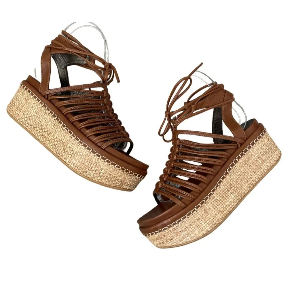 Stuart Weitzman KNOTAGAIN Wedge Caged Gladiator Platform Sandal‎ Brown $445 6M